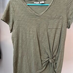 Max Studio Sage Green V-Neck Tie Front Tee